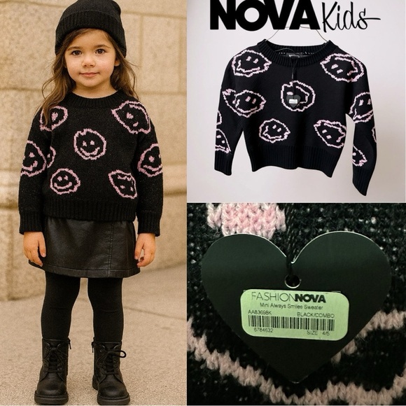 234 NovaKids | NWT “Mini Always Smiles” Black Smiley Sweater (Size 4/5) - Picture 1 of 15